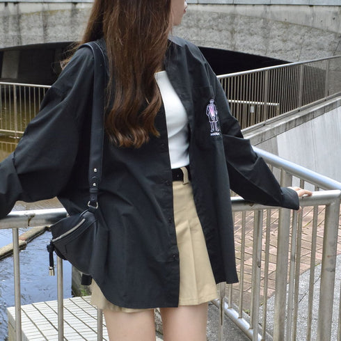 【MODISH GAZE】ポケット刺繍 ビッグシルエット 長袖ブロードシャツ