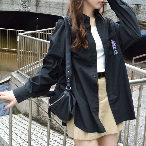 【MODISH GAZE】ポケット刺繍 ビッグシルエット 長袖ブロードシャツ