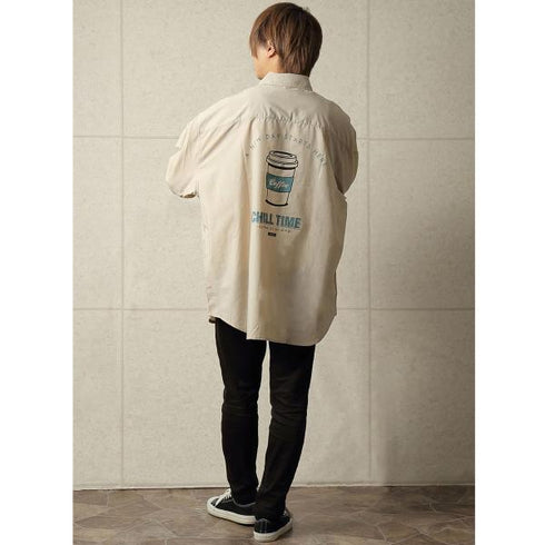 【MODISH GAZE】カフェロゴ バックプリント ビッグシルエット 長袖シャツ