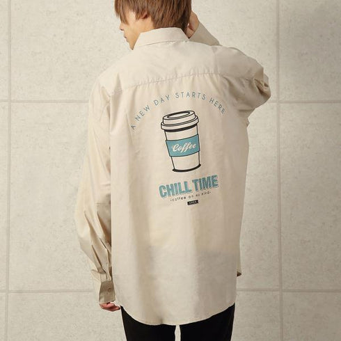 【MODISH GAZE】カフェロゴ バックプリント ビッグシルエット 長袖シャツ