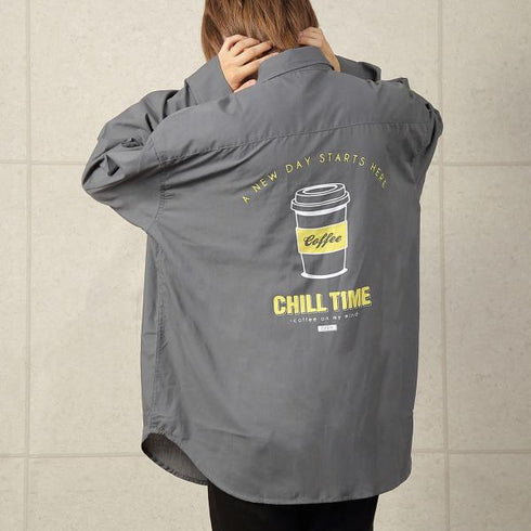 【MODISH GAZE】カフェロゴ バックプリント ビッグシルエット 長袖シャツ