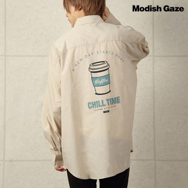 【MODISH GAZE】カフェロゴ バックプリント ビッグシルエット 長袖シャツ