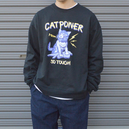 【MODISH GAZE】裏毛 クルーネック 長袖 スウェット CAT POWER