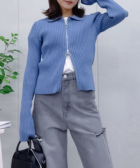 【&soiree】Wジップ襟付き長袖リブニットトップス