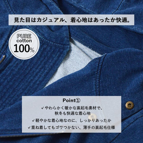 インディゴ裏起毛Wジップパーカ