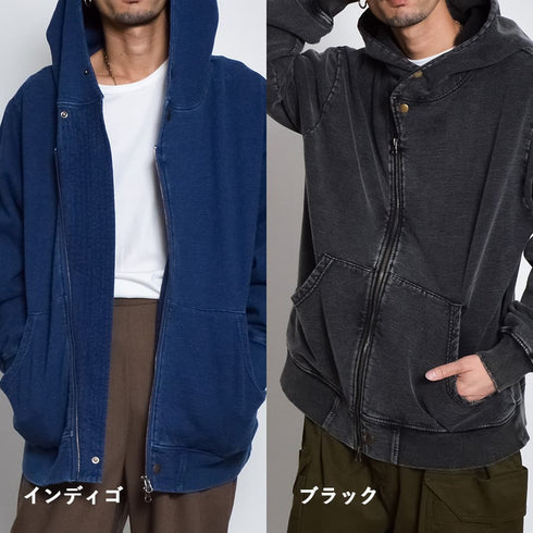 インディゴ裏起毛Wジップパーカ