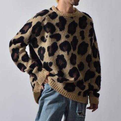 レオパードショートシャギークルーネックラグランニット