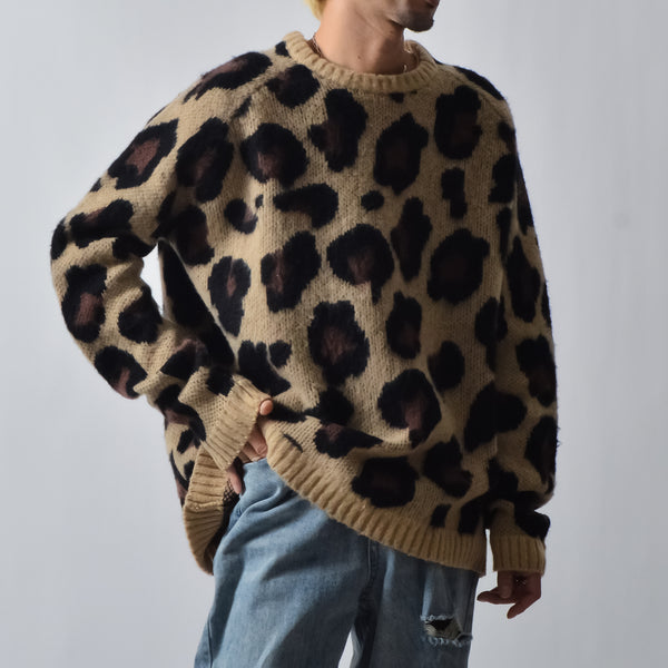 レオパードショートシャギークルーネックラグランニット