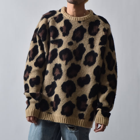 レオパードショートシャギークルーネックラグランニット