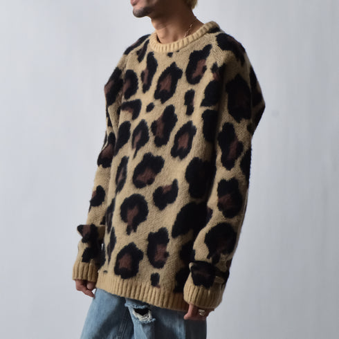 レオパードショートシャギークルーネックラグランニット