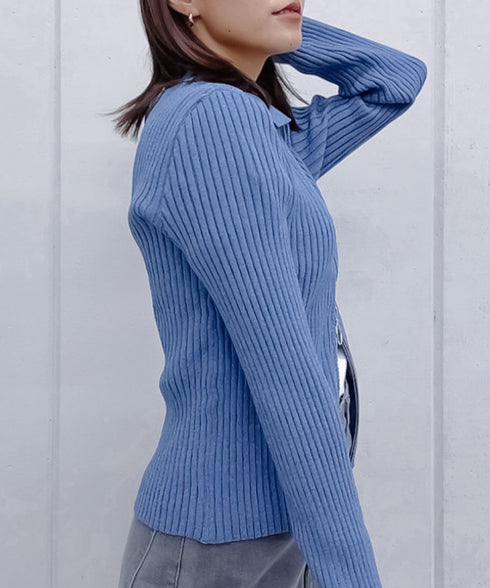 【&soiree】Wジップ襟付き長袖リブニットトップス