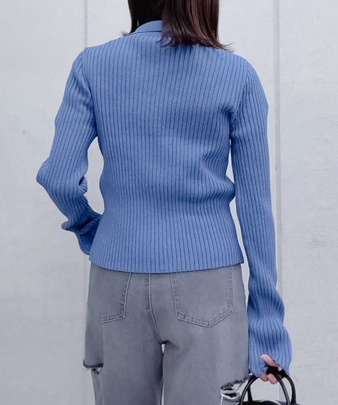 【&soiree】Wジップ襟付き長袖リブニットトップス