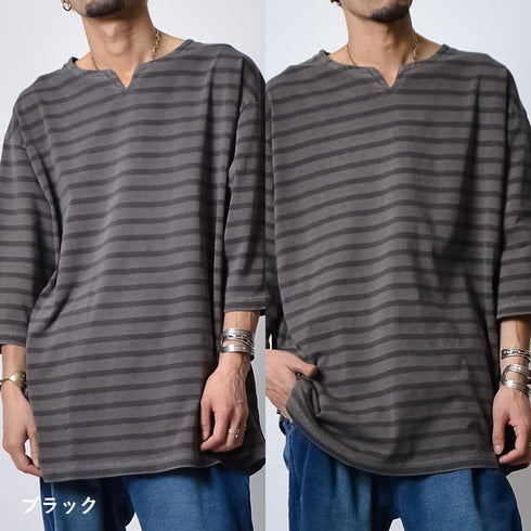 ピグメントオーバーダイ ボーダー キーネックTシャツ