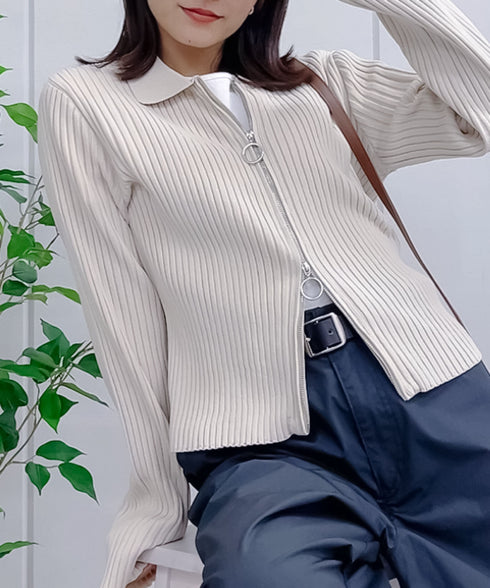 【&soiree】Wジップ襟付き長袖リブニットトップス