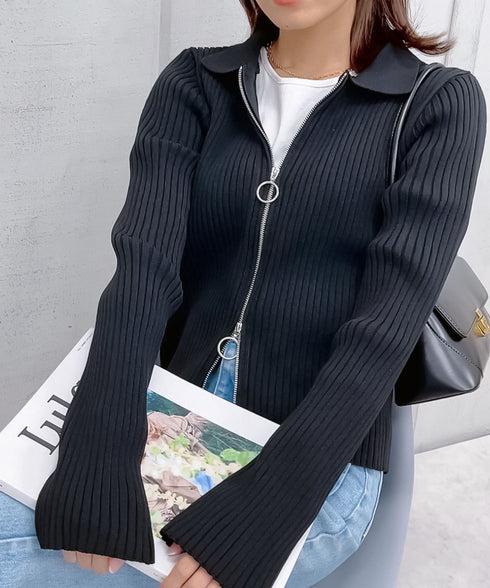 【&soiree】Wジップ襟付き長袖リブニットトップス