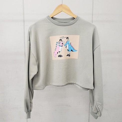 【spiritoso】怪獣カップルプリントクロップド裏起毛トップス