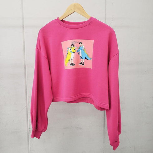 【spiritoso】怪獣カップルプリントクロップド裏起毛トップス