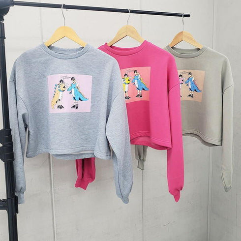 【spiritoso】怪獣カップルプリントクロップド裏起毛トップス