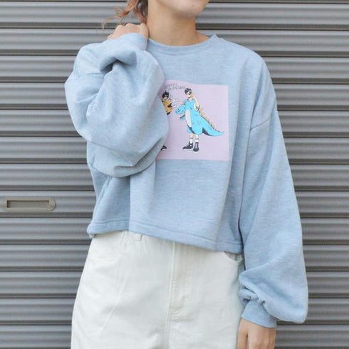 【spiritoso】怪獣カップルプリントクロップド裏起毛トップス