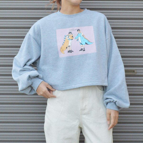 【spiritoso】怪獣カップルプリントクロップド裏起毛トップス