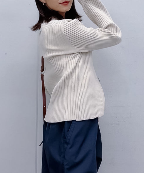 【&soiree】Wジップ襟付き長袖リブニットトップス