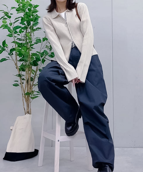 【&soiree】Wジップ襟付き長袖リブニットトップス