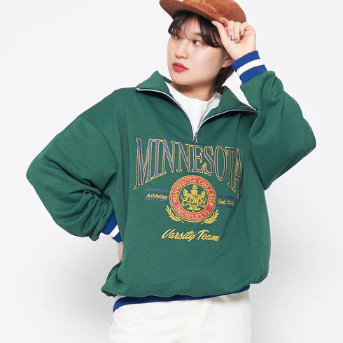 【spiritoso】MINESOTAハーフジップビッグスウェットトレーナー