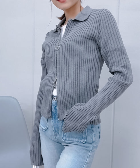 【&soiree】Wジップ襟付き長袖リブニットトップス