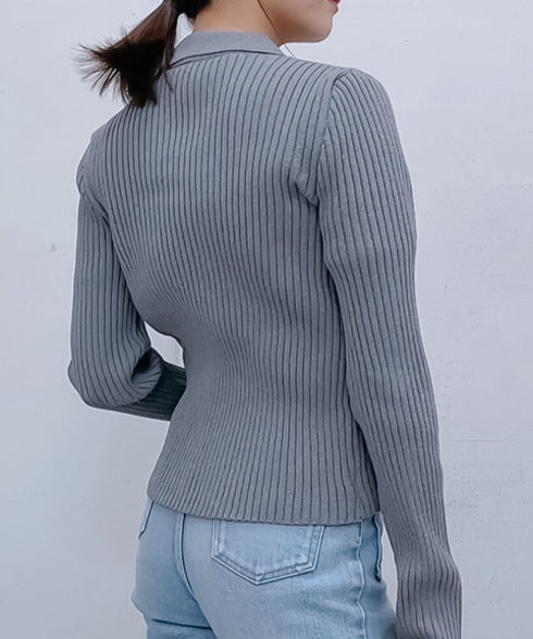 【&soiree】Wジップ襟付き長袖リブニットトップス