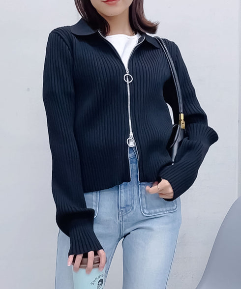 【&soiree】Wジップ襟付き長袖リブニットトップス