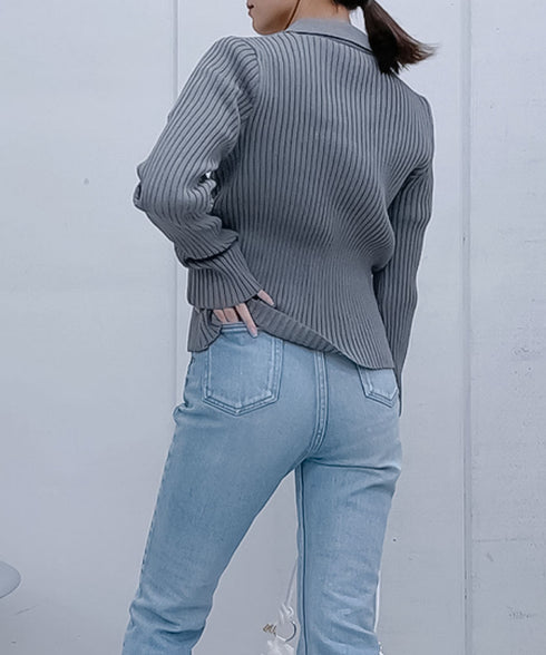 【&soiree】Wジップ襟付き長袖リブニットトップス