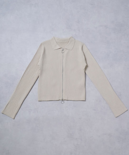 【&soiree】Wジップ襟付き長袖リブニットトップス