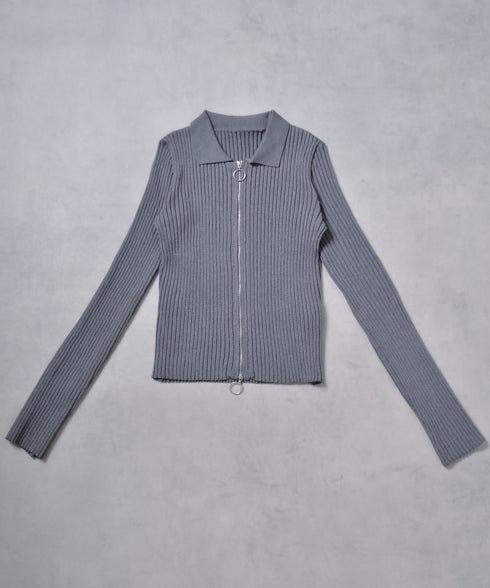 【&soiree】Wジップ襟付き長袖リブニットトップス