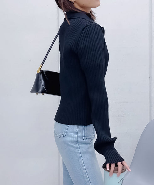 【&soiree】Wジップ襟付き長袖リブニットトップス