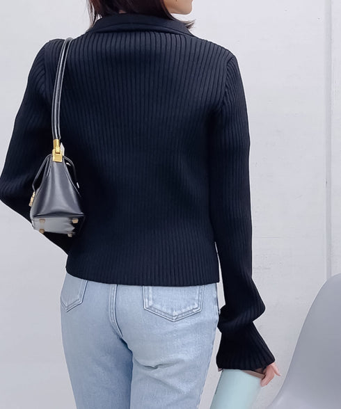 【&soiree】Wジップ襟付き長袖リブニットトップス