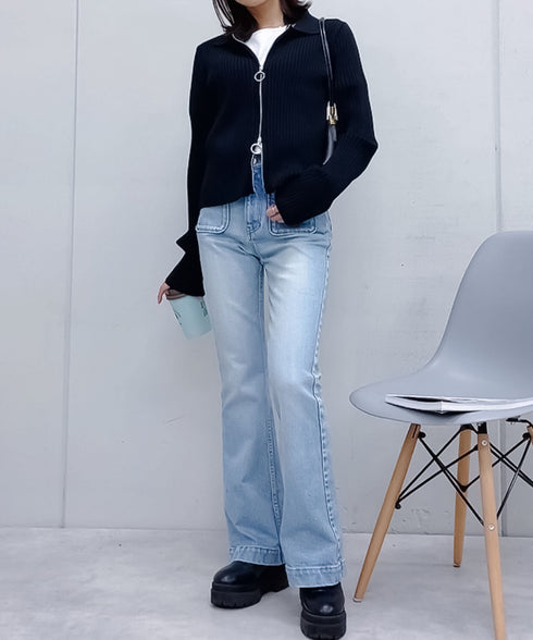 【&soiree】Wジップ襟付き長袖リブニットトップス