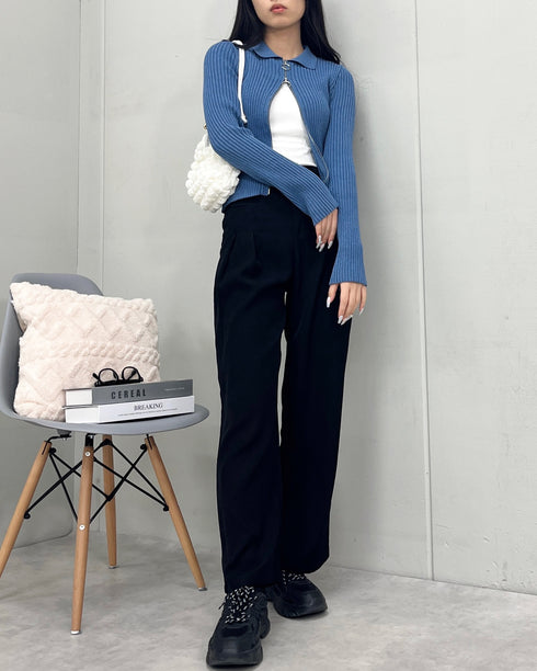 【&soiree】Wジップ襟付き長袖リブニットトップス