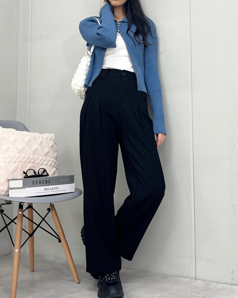 【&soiree】Wジップ襟付き長袖リブニットトップス