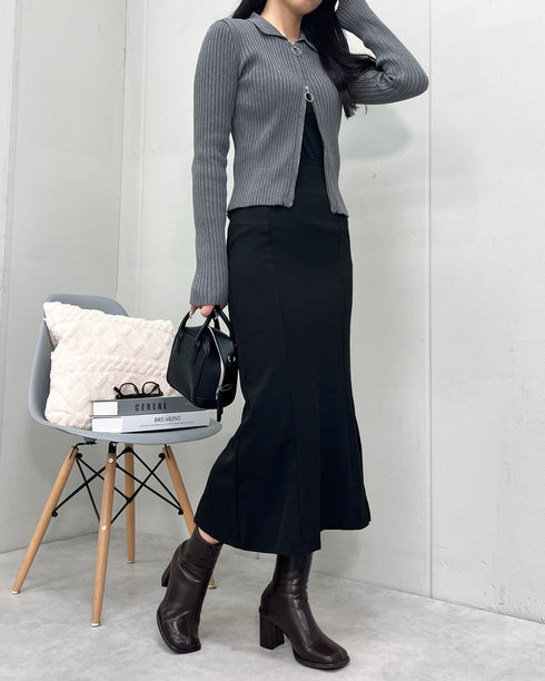 【&soiree】Wジップ襟付き長袖リブニットトップス