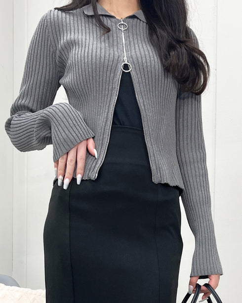 【&soiree】Wジップ襟付き長袖リブニットトップス