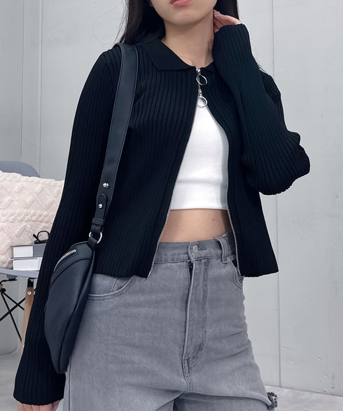 【&soiree】Wジップ襟付き長袖リブニットトップス