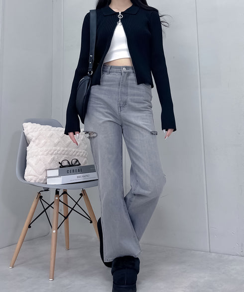 【&soiree】Wジップ襟付き長袖リブニットトップス