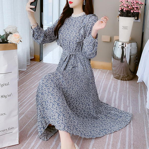 【&soiree】フレンチヴィンテージ花柄ウエスト紐付きワンピース