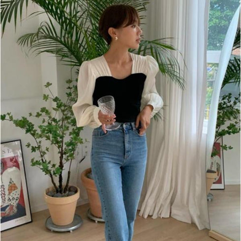 【&soiree】切替しニットプリーツシフォンブラウス