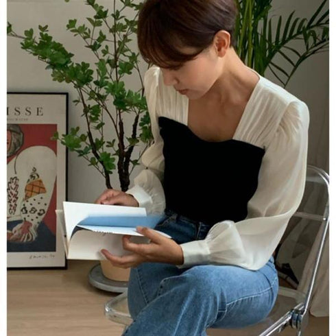 【&soiree】切替しニットプリーツシフォンブラウス