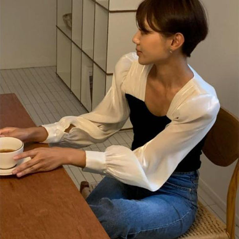 【&soiree】切替しニットプリーツシフォンブラウス