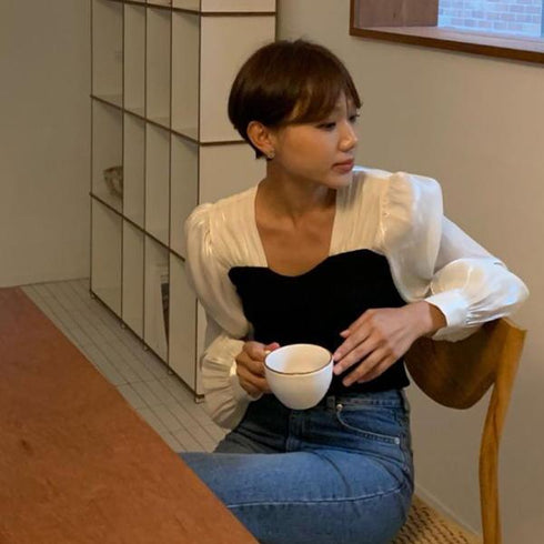 【&soiree】切替しニットプリーツシフォンブラウス