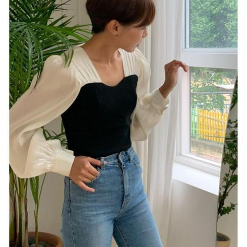 【&soiree】切替しニットプリーツシフォンブラウス