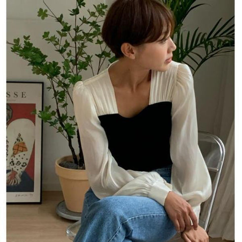 【&soiree】切替しニットプリーツシフォンブラウス