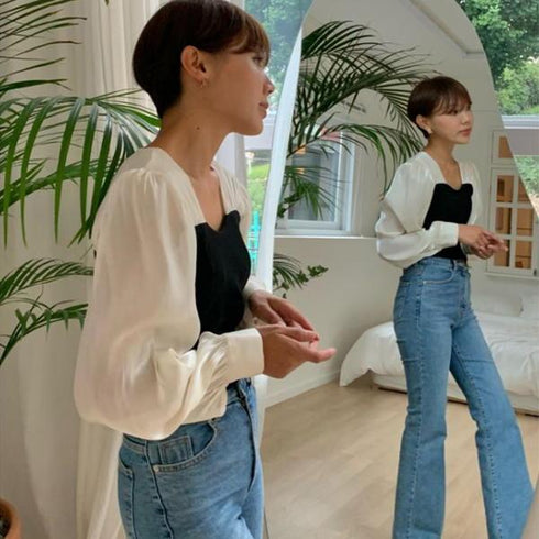 【&soiree】切替しニットプリーツシフォンブラウス